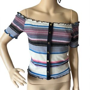 Blue striped off the shoulder lettuce trim top. Size medium